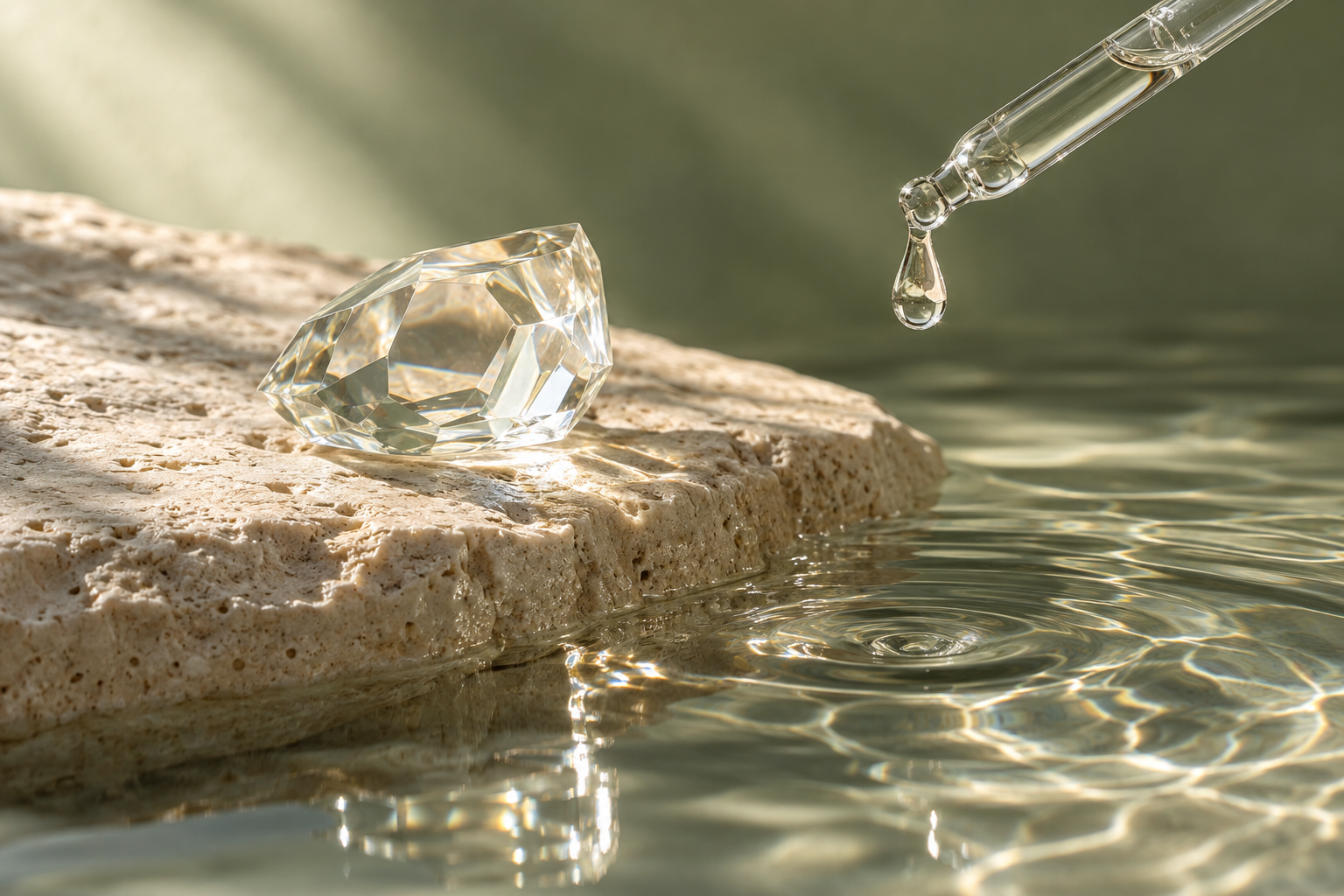Interpretazione visiva di una goccia, un cristallo e riflessi sull’acqua